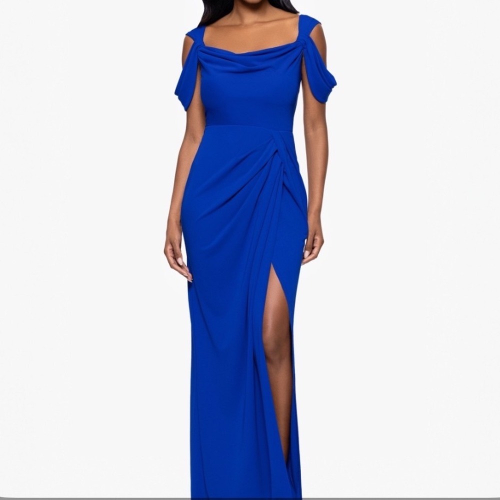 Betsy & Adam Cold Shoulder Gown Women 12 New Royal Blue Cowl Neck MSRP $209